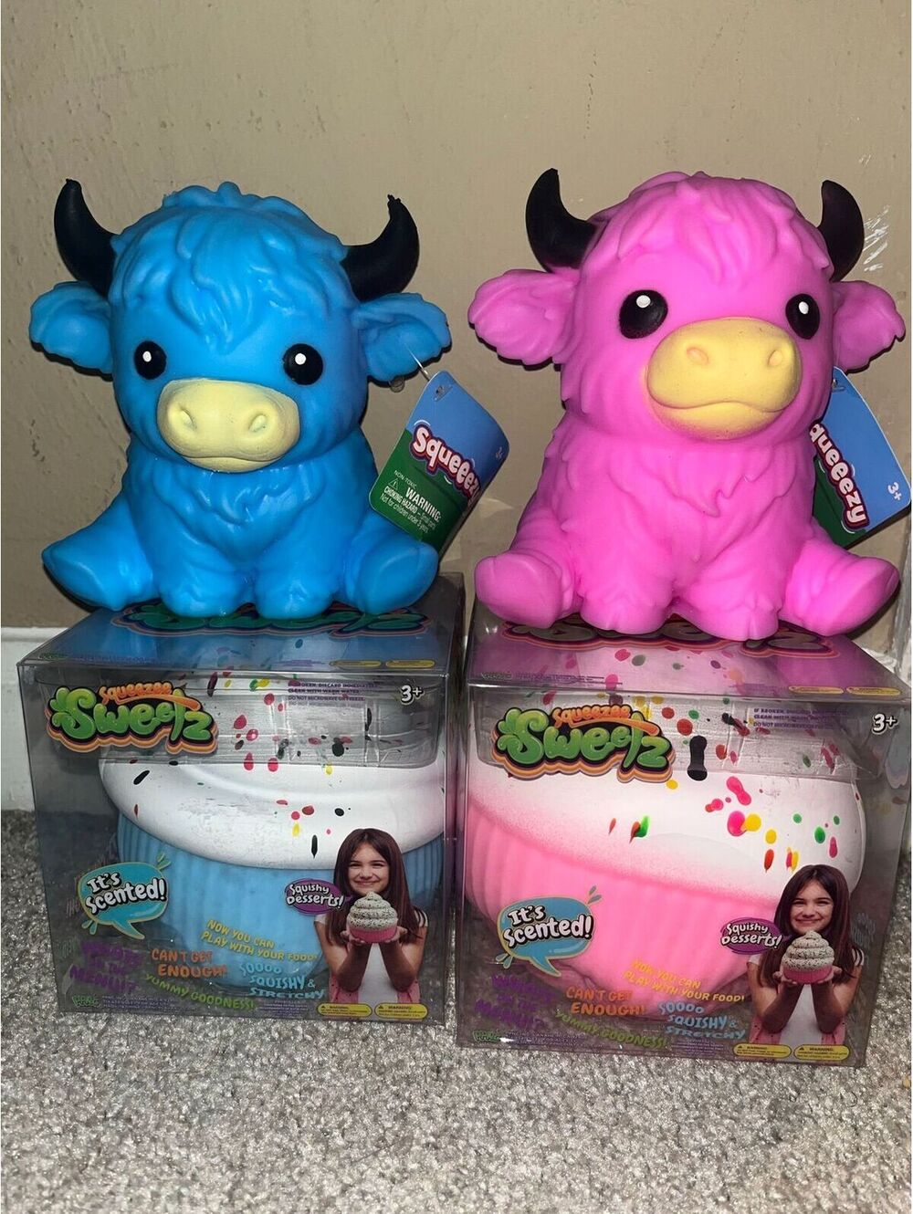 4 Piece Pink & Blue Squishy Bundle Gender Reveal Baby Shower Gift Set Cow